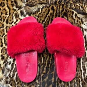 Red Fuzzy Slide Sandals